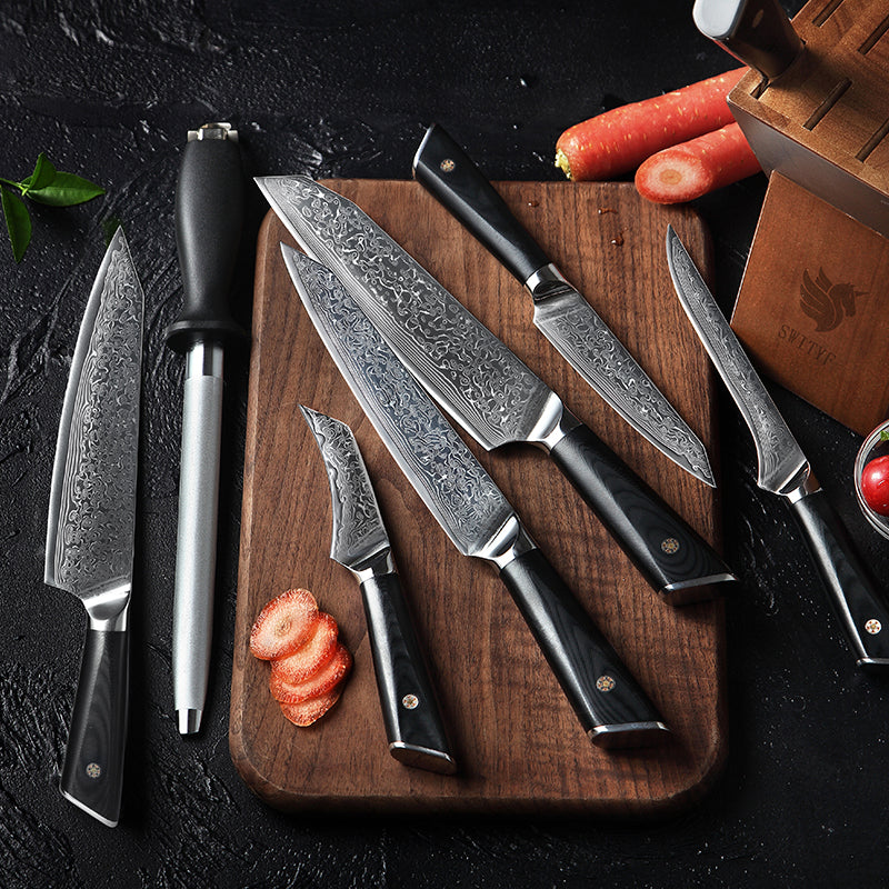 7PCS Kitchen Knives Set Damascus Chef Utility Bread Santoku Paring Knife Japanese VG10 Steel G10 Handle Meat Cutter