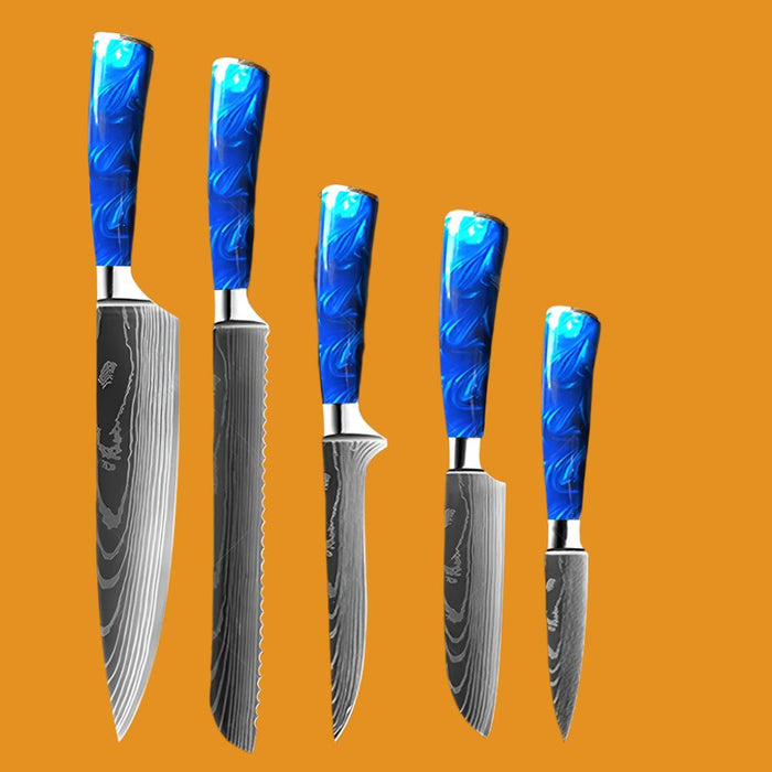 Kitchen Knife Set Exquisite blue resin handle Laser Damascus pattern Sharp Santoku Cleaver tools