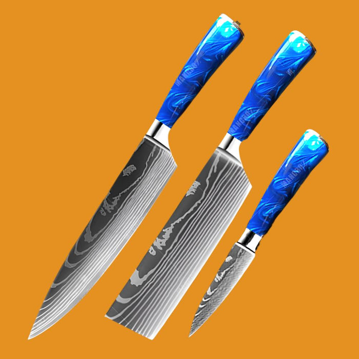 Kitchen Knife Set Exquisite blue resin handle Laser Damascus pattern Sharp Santoku Cleaver tools