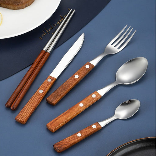 304 Pear Wood Knife And Fork Spoon Stainless Steel Cutlery Solid Wood Handle Steak Knife And Fork Spoon Dessert Spoon Chopsticks