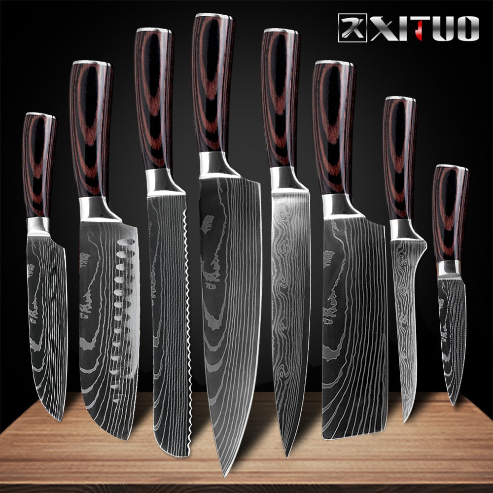 XITUO 8inch japanese kitchen knives Laser Damascus pattern chef knife Sharp Santoku Cleaver Slicing Utility Knives tool EDC