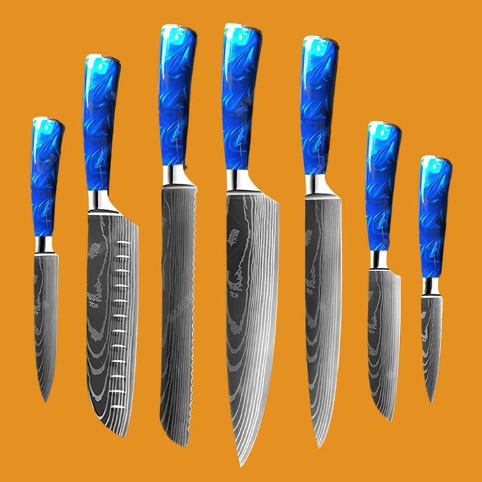 Kitchen Knife Set Exquisite blue resin handle Laser Damascus pattern Sharp Santoku Cleaver tools