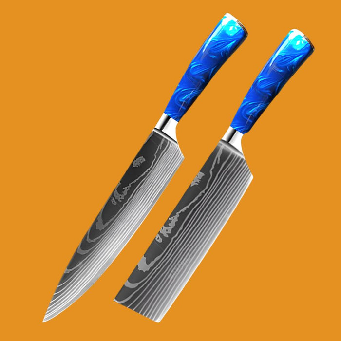 Kitchen Knife Set Exquisite blue resin handle Laser Damascus pattern Sharp Santoku Cleaver tools