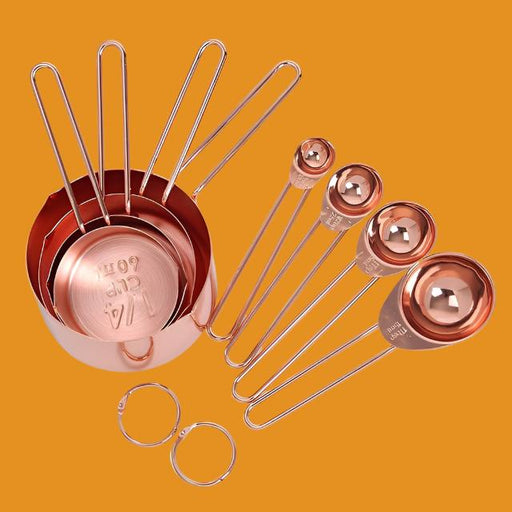 Rose Gold Stainless Steel Measuring Cups And Spoons Set Of 8 Engraved Measurements,Pouring Spouts & Mirror Polished for Baking