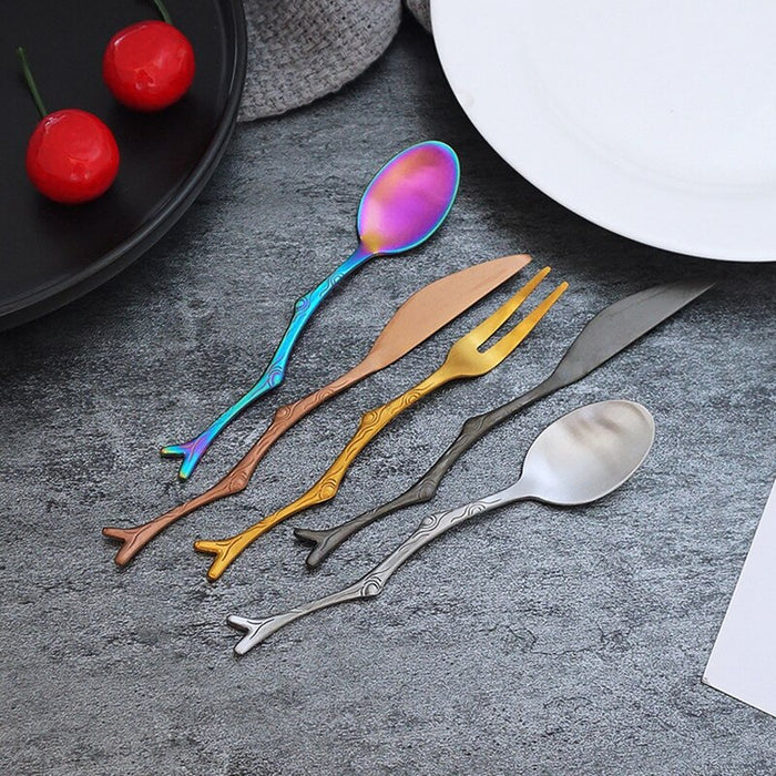 Stainless Steel Spoon Branch Pattern Knife Coffee Tea Spoon Dinnerware Cutlery Fruit Dessert Fork Stir Spoon Kitchen Accessories