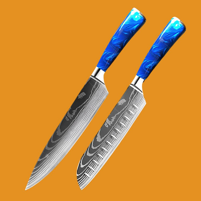 Kitchen Knife Set Exquisite blue resin handle Laser Damascus pattern Sharp Santoku Cleaver tools