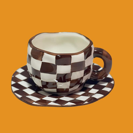 Hand Painted Checkerboard Coffee Cup and Saucer Underglaze Ceramic Personalized Tea Cup Set Microwave Dishwasher Safe Cute Gifts