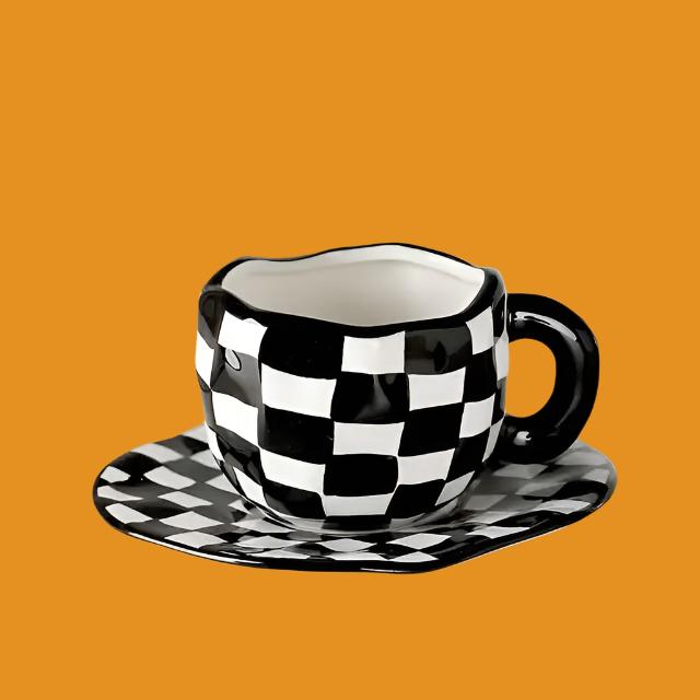 Hand Painted Checkerboard Coffee Cup and Saucer Underglaze Ceramic Personalized Tea Cup Set Microwave Dishwasher Safe Cute Gifts