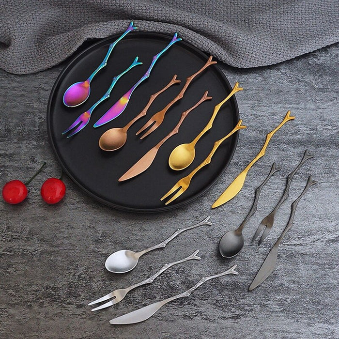 Stainless Steel Spoon Branch Pattern Knife Coffee Tea Spoon Dinnerware Cutlery Fruit Dessert Fork Stir Spoon Kitchen Accessories