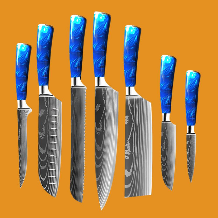 Kitchen Knife Set Exquisite blue resin handle Laser Damascus pattern Sharp Santoku Cleaver tools