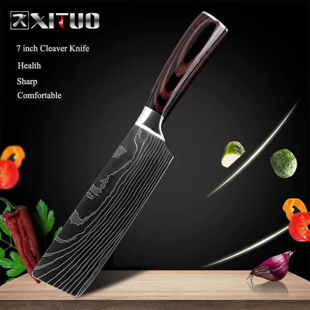 XITUO 8inch japanese kitchen knives Laser Damascus pattern chef knife Sharp Santoku Cleaver Slicing Utility Knives tool EDC