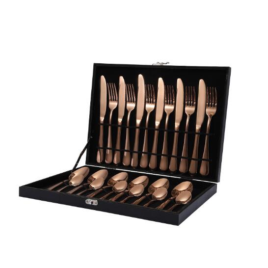 24PCS Tableware Flatware Set Non-fading Cutlery Sets 18/10 Stainless Steel Dinnerware Rainbow Dinner Kitchen Home Wood Gift Box