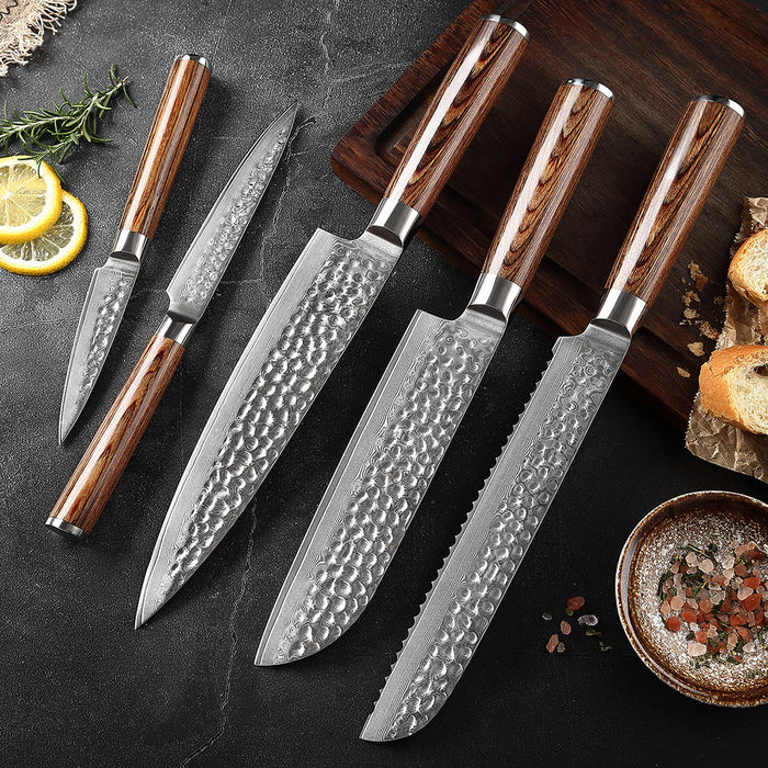 Gold Color Wooden Handle Hammer Pattern Damascus Kitchen Knife Kitchen Knife Set Bread Knife Fruit Knife Household Chef Knife