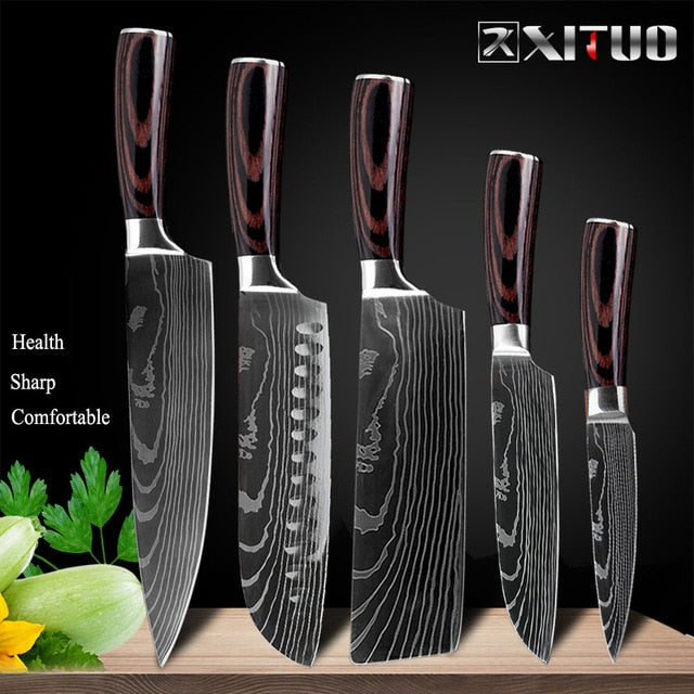 XITUO 8inch japanese kitchen knives Laser Damascus pattern chef knife Sharp Santoku Cleaver Slicing Utility Knives tool EDC