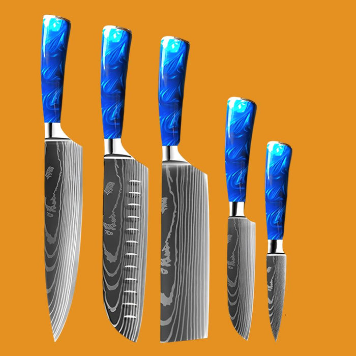 Kitchen Knife Set Exquisite blue resin handle Laser Damascus pattern Sharp Santoku Cleaver tools