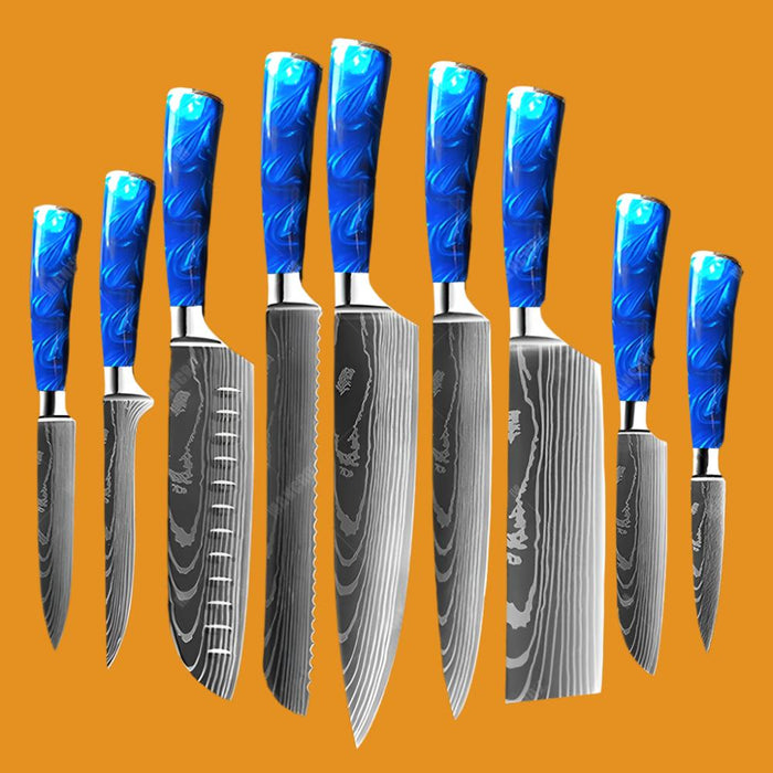 Kitchen Knife Set Exquisite blue resin handle Laser Damascus pattern Sharp Santoku Cleaver tools