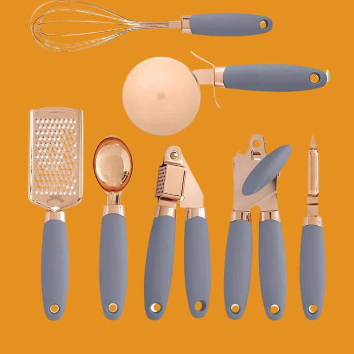 7 Pcs Kitchen Gadget Set Copper Coated Stainless Steel Utensils with Soft Touch Rose Gold Garlic Press Pizza Cutter