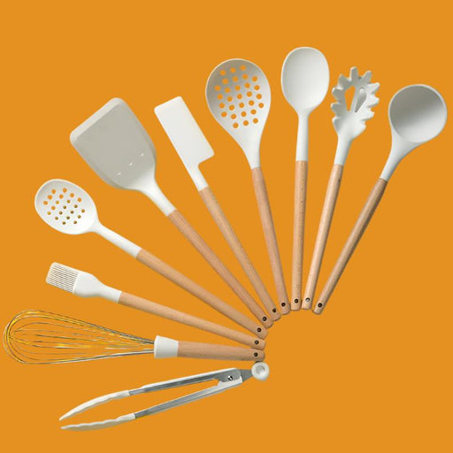 Milky White Silicone Kitchen Set Non-Stick Silicone Kitchen Utensils Cooking Spatula 10-Piece Set With Storage Bucket