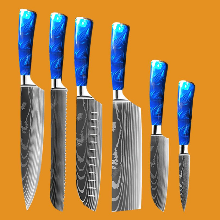 Kitchen Knife Set Exquisite blue resin handle Laser Damascus pattern Sharp Santoku Cleaver tools