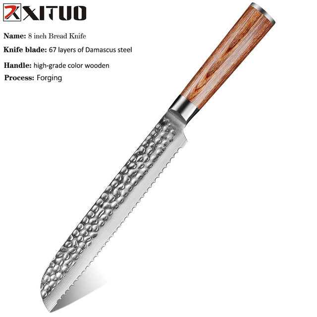 Gold Color Wooden Handle Hammer Pattern Damascus Kitchen Knife Kitchen Knife Set Bread Knife Fruit Knife Household Chef Knife