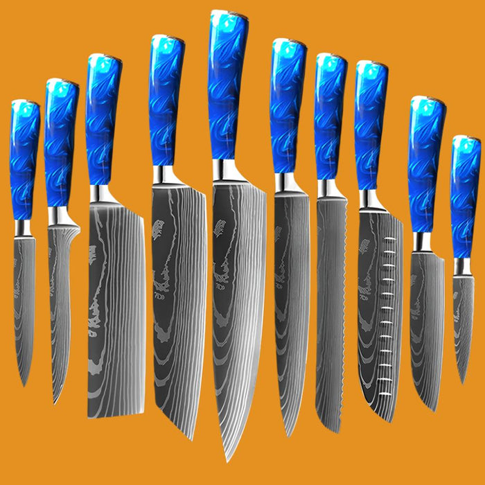 Kitchen Knife Set Exquisite blue resin handle Laser Damascus pattern Sharp Santoku Cleaver tools