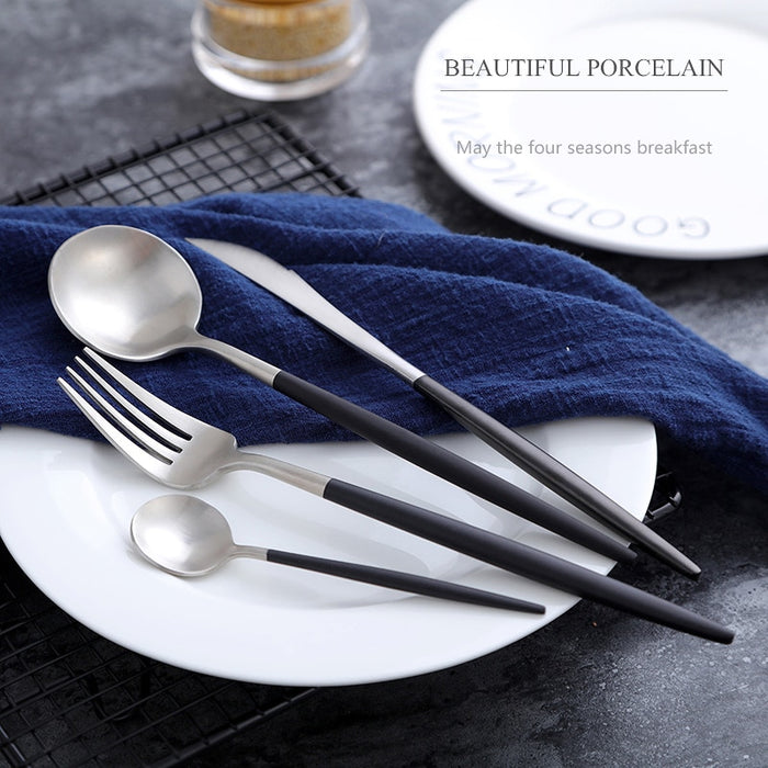 Luxury Dinnerware Set Stainless Steel Plating Gold Blue Black Knife Fork Tableware Cutlery White European Western Food Set 4pcs