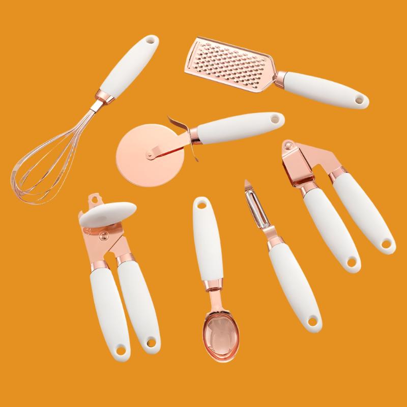 7 Pcs Kitchen Gadget Set Copper Coated Stainless Steel Utensils with Soft Touch Rose Gold Garlic Press Pizza Cutter