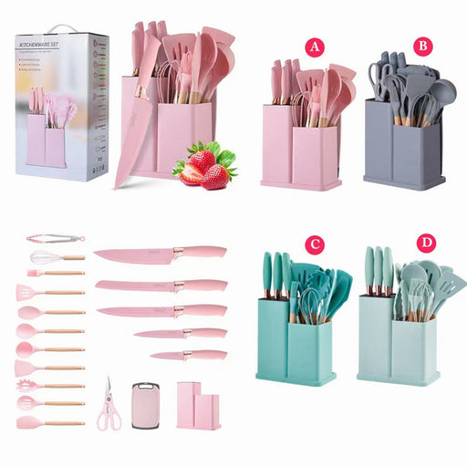 Silicone Cookware Set 19-Piece Cooking Spatula Spoon Wooden Handle Cookware Non-Stick Storage Bucket Cookware