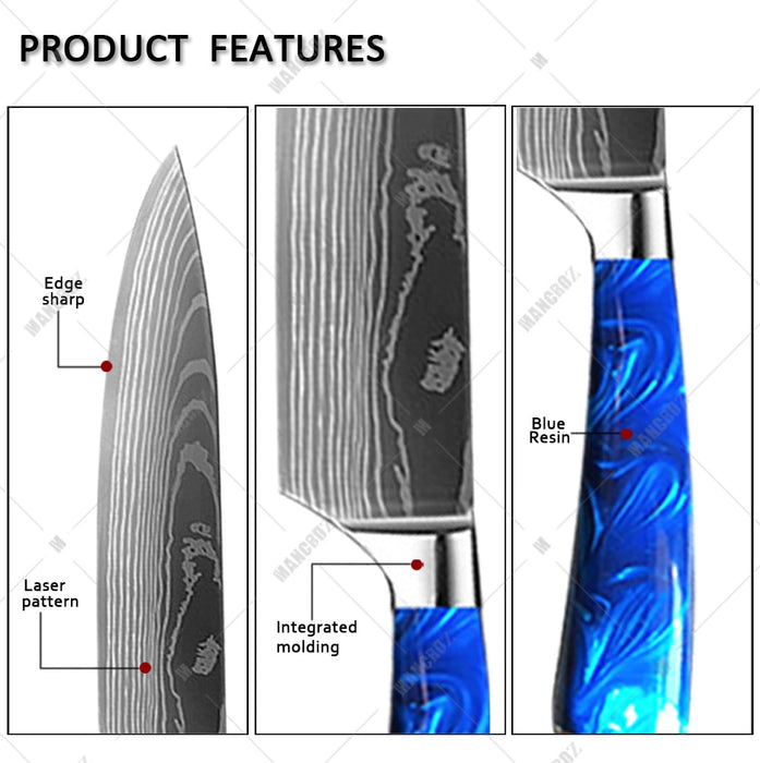 Kitchen Knife Set Exquisite blue resin handle Laser Damascus pattern Sharp Santoku Cleaver tools