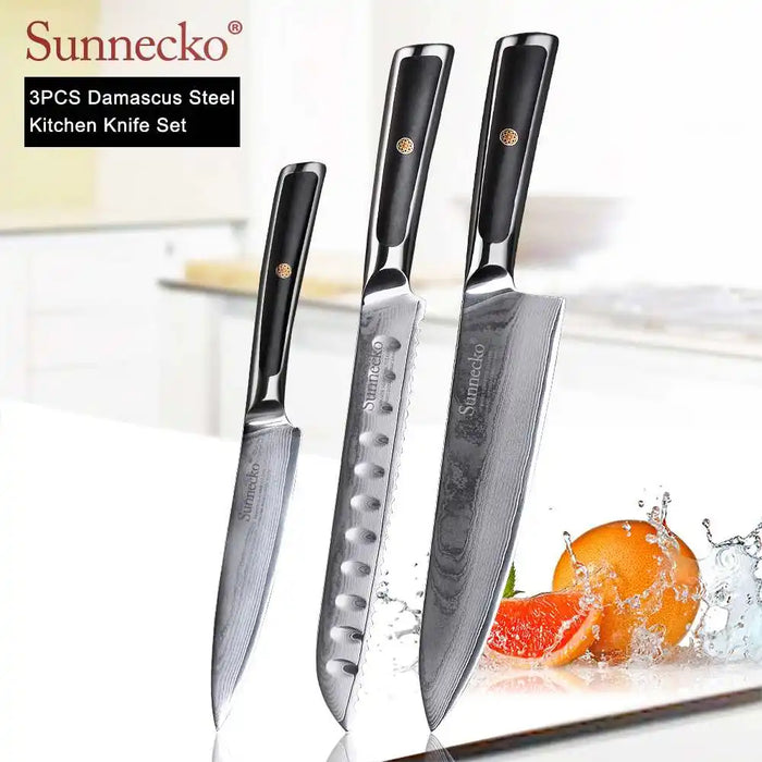 SUNNECKO Damascus Chef Utility Bread Paring Santoku Steak Knife Japanese VG10 Steel G10 Handle Meat Cutting Kitchen Knives Set