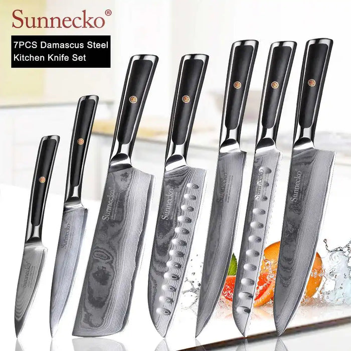 SUNNECKO Damascus Chef Utility Bread Paring Santoku Steak Knife Japanese VG10 Steel G10 Handle Meat Cutting Kitchen Knives Set