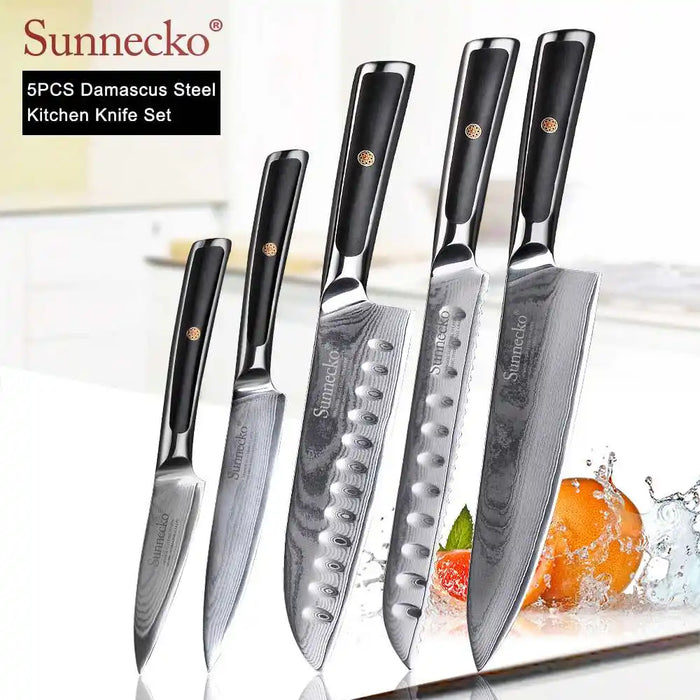 SUNNECKO Damascus Chef Utility Bread Paring Santoku Steak Knife Japanese VG10 Steel G10 Handle Meat Cutting Kitchen Knives Set