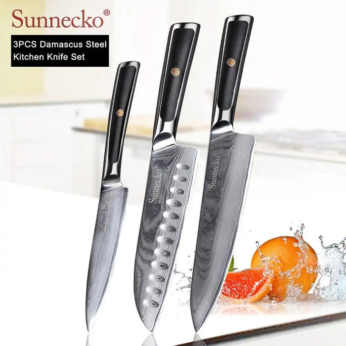 SUNNECKO Damascus Chef Utility Bread Paring Santoku Steak Knife Japanese VG10 Steel G10 Handle Meat Cutting Kitchen Knives Set