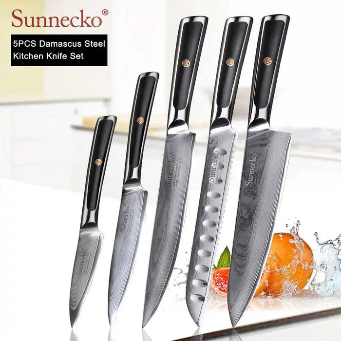 SUNNECKO Damascus Chef Utility Bread Paring Santoku Steak Knife Japanese VG10 Steel G10 Handle Meat Cutting Kitchen Knives Set