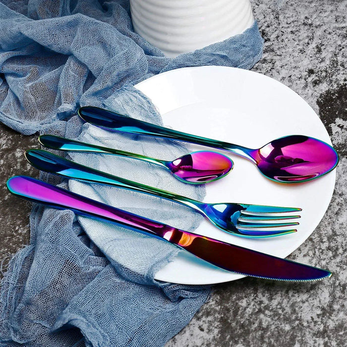 24PCS Tableware Flatware Set Non-fading Cutlery Sets 18/10 Stainless Steel Dinnerware Rainbow Dinner Kitchen Home Wood Gift Box